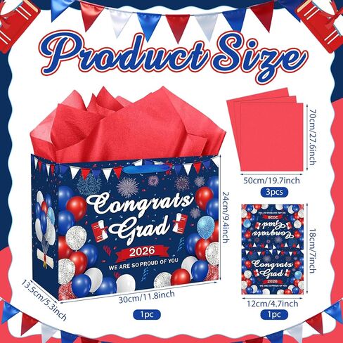 Woosytoo Congrats Grad Gift Bag 2026, Red White Blue Graduation Party Decorations Large 2026 Graduation Gift Bag with Greeting Card and Tissue Paper Class of 2026 Graduation Party Supplies in Kuwait