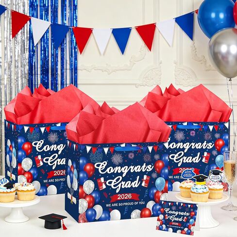 Woosytoo Congrats Grad Gift Bag 2026, Red White Blue Graduation Party Decorations Large 2026 Graduation Gift Bag with Greeting Card and Tissue Paper Class of 2026 Graduation Party Supplies in Kuwait