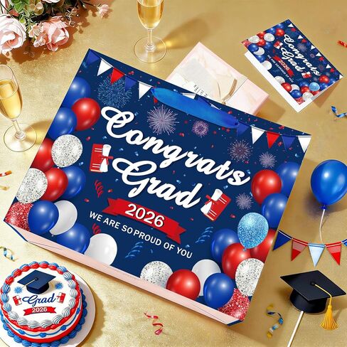Woosytoo Congrats Grad Gift Bag 2026, Red White Blue Graduation Party Decorations Large 2026 Graduation Gift Bag with Greeting Card and Tissue Paper Class of 2026 Graduation Party Supplies in Kuwait
