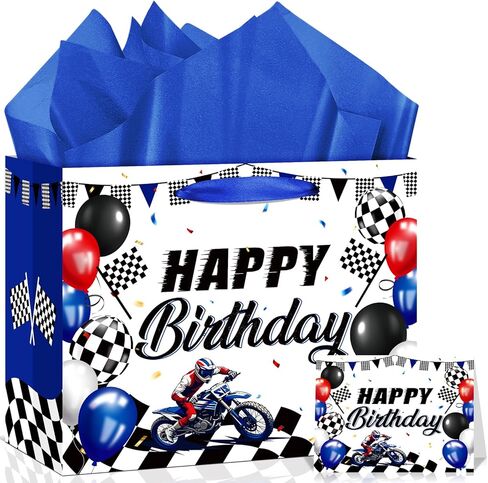 Neptniopllab Dirt Bike Birthday Gift Bag with Card & Wrapping Paper for Motorcycle Birthday Party Decoration Racing Motocross Motorbike Boy Men Goodie Treat Bag in Saudi Arabia
