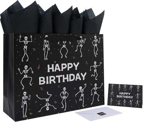 wishinside 16.5'' Extra Large Black Birthday Gift Bag Set with Handles, Greeting Card, Tissue Papers and Stickers for Men Boys Kids Teens for Birthday Party, 1 Pcs in Kuwait