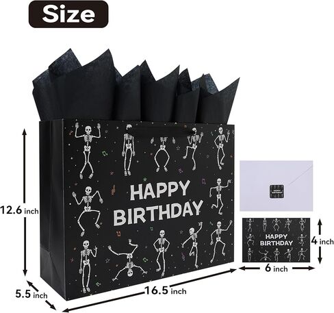 wishinside 16.5'' Extra Large Black Birthday Gift Bag Set with Handles, Greeting Card, Tissue Papers and Stickers for Men Boys Kids Teens for Birthday Party, 1 Pcs in Kuwait