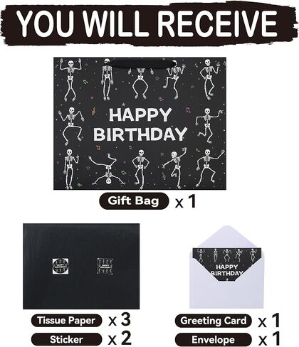 wishinside 16.5'' Extra Large Black Birthday Gift Bag Set with Handles, Greeting Card, Tissue Papers and Stickers for Men Boys Kids Teens for Birthday Party, 1 Pcs in Kuwait