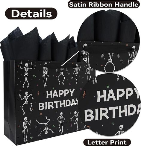 wishinside 16.5'' Extra Large Black Birthday Gift Bag Set with Handles, Greeting Card, Tissue Papers and Stickers for Men Boys Kids Teens for Birthday Party, 1 Pcs in Kuwait