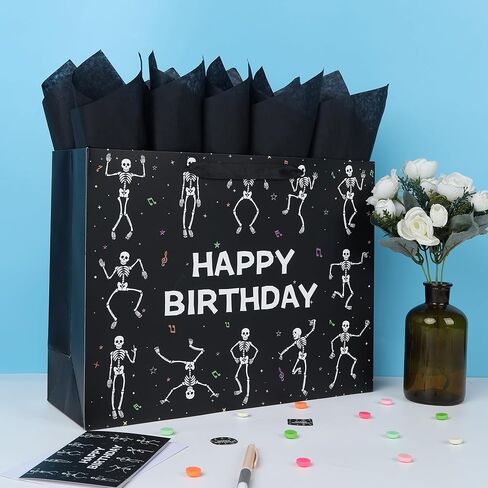 wishinside 16.5'' Extra Large Black Birthday Gift Bag Set with Handles, Greeting Card, Tissue Papers and Stickers for Men Boys Kids Teens for Birthday Party, 1 Pcs in Kuwait