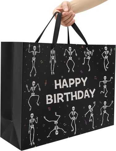 wishinside 16.5'' Extra Large Black Birthday Gift Bag Set with Handles, Greeting Card, Tissue Papers and Stickers for Men Boys Kids Teens for Birthday Party, 1 Pcs in Kuwait