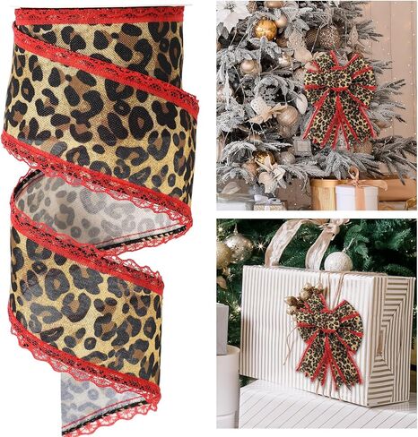 Whaline Leopard Print Wired Edge Ribbon Craft Ribbons Red Lace Brown Black Cheetah Fabric Ribbon for Wreath Bow DIY Wrapping Party Decor, 10 Yard in Kuwait