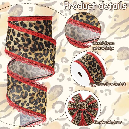 Whaline Leopard Print Wired Edge Ribbon Craft Ribbons Red Lace Brown Black Cheetah Fabric Ribbon for Wreath Bow DIY Wrapping Party Decor, 10 Yard in Kuwait