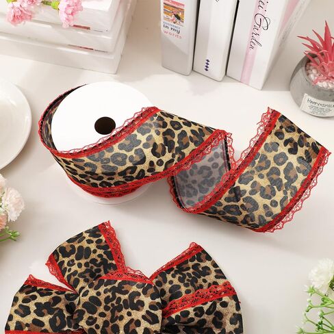 Whaline Leopard Print Wired Edge Ribbon Craft Ribbons Red Lace Brown Black Cheetah Fabric Ribbon for Wreath Bow DIY Wrapping Party Decor, 10 Yard in Kuwait
