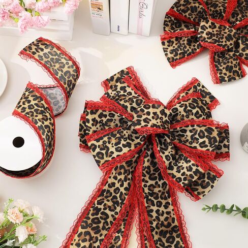 Whaline Leopard Print Wired Edge Ribbon Craft Ribbons Red Lace Brown Black Cheetah Fabric Ribbon for Wreath Bow DIY Wrapping Party Decor, 10 Yard in Kuwait