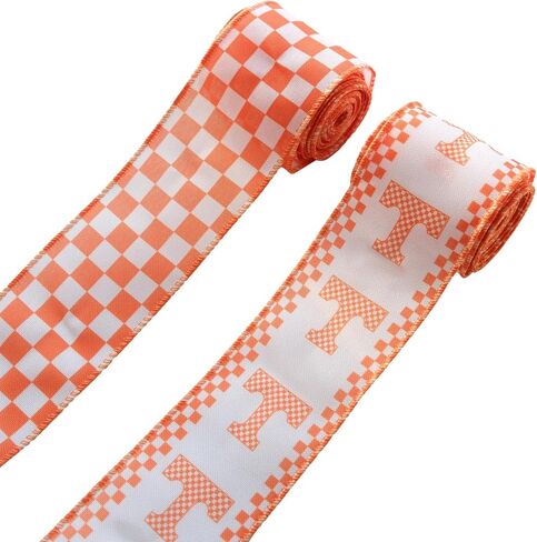 2 Rolls 10 Yards Tennessee Vols Ribbon for Gift Wrapping, Orange White Checkered Letter T Edge Wired Sports Ribbons for Wreath Bows DIY Crafts, College Football Party Home Decorations 2.5" in Saudi Arabia