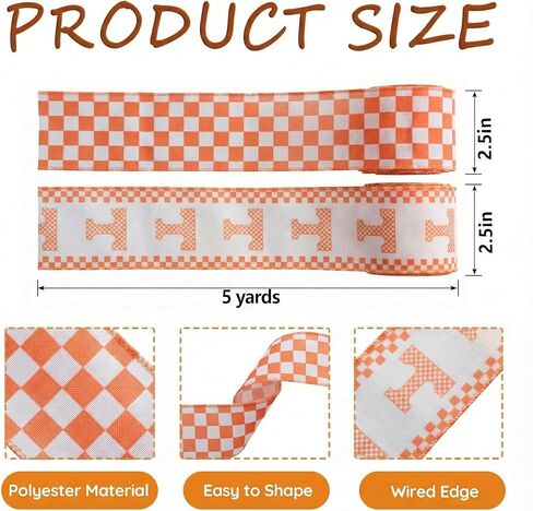 2 Rolls 10 Yards Tennessee Vols Ribbon for Gift Wrapping, Orange White Checkered Letter T Edge Wired Sports Ribbons for Wreath Bows DIY Crafts, College Football Party Home Decorations 2.5" in Saudi Arabia
