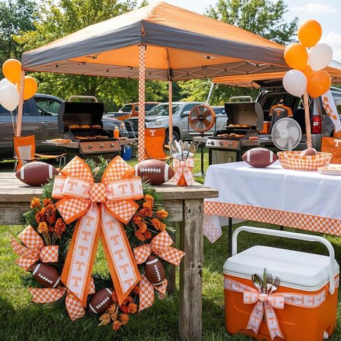 2 Rolls 10 Yards Tennessee Vols Ribbon for Gift Wrapping, Orange White Checkered Letter T Edge Wired Sports Ribbons for Wreath Bows DIY Crafts, College Football Party Home Decorations 2.5" in Saudi Arabia