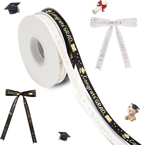 2026 Graduation Ribbon 3/8 Inch 50 Yards Congrats Grad Grosgrain Ribbon for Gift Wrapping 2 Rolls Black and White Gold Ribbons for Graduation Lei Making Hair Bows Flower Bouquet Party Decor in Saudi Arabia