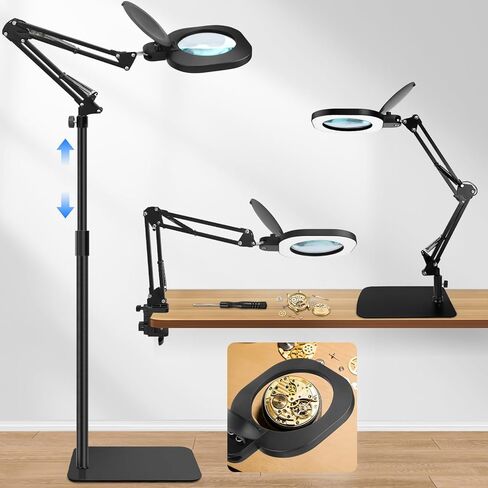15X Real Glass Magnifying Lamp, 3-in-1 LED Desk Lamp with Base Clamp & Floor Stand, 5 Color Modes Stepless Dimmable, Adjustable Swing Arm, for Repair, Reading,Crafts,Painting in Saudi Arabia