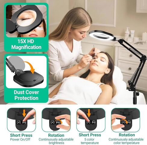15X Real Glass Magnifying Lamp, 3-in-1 LED Desk Lamp with Base Clamp & Floor Stand, 5 Color Modes Stepless Dimmable, Adjustable Swing Arm, for Repair, Reading,Crafts,Painting in Saudi Arabia