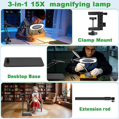 15X Real Glass Magnifying Lamp, 3-in-1 LED Desk Lamp with Base Clamp & Floor Stand, 5 Color Modes Stepless Dimmable, Adjustable Swing Arm, for Repair, Reading,Crafts,Painting in Saudi Arabia