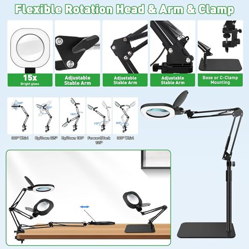 15X Real Glass Magnifying Lamp, 3-in-1 LED Desk Lamp with Base Clamp & Floor Stand, 5 Color Modes Stepless Dimmable, Adjustable Swing Arm, for Repair, Reading,Crafts,Painting in Saudi Arabia