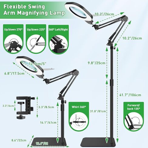 15X Real Glass Magnifying Lamp, 3-in-1 LED Desk Lamp with Base Clamp & Floor Stand, 5 Color Modes Stepless Dimmable, Adjustable Swing Arm, for Repair, Reading,Crafts,Painting in Saudi Arabia
