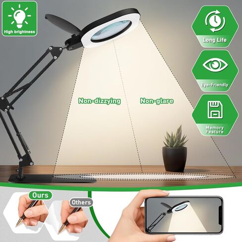 15X Real Glass Magnifying Lamp, 3-in-1 LED Desk Lamp with Base Clamp & Floor Stand, 5 Color Modes Stepless Dimmable, Adjustable Swing Arm, for Repair, Reading,Crafts,Painting in Saudi Arabia