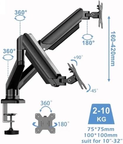 Adjustable Dual Arm Monitor Stand for 13-32 Inch Screens, Supports Up to 10Kg - LCD Arm Desk Mount for Computer Monitors in Saudi Arabia