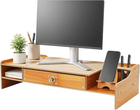 Computer Monitor Stand, Computer Rack with Lockable Drawer 11 lbs Capacity, Desktop Computer Stand with Pen Holes & Phone Holder for PC, Laptop, Printer, Screen, TV in Saudi Arabia