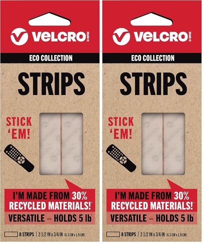 VELCRO Brand ECO Collection Tapes, Stick On Adhesive Strips 2 1/2in x 3/4in, Sustainable 30% Recycled Material, 8ct White (Pack of 2) in Kuwait