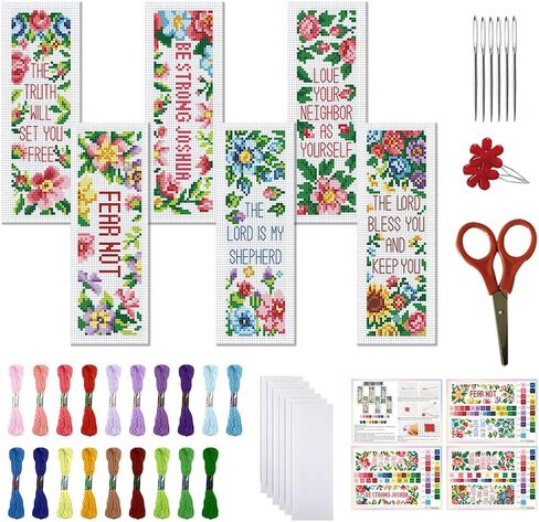 FREEBLOSS 6 Set Cross Stitch Bookmark Kits Flowers Pattern with Inspirational Words Stamped Cross Stitch Kit 11CT Embroidery Kit with Instructions for Beginners 20x6cm/8x2.4inch in Kuwait