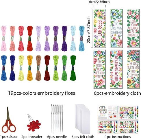 FREEBLOSS 6 Set Cross Stitch Bookmark Kits Flowers Pattern with Inspirational Words Stamped Cross Stitch Kit 11CT Embroidery Kit with Instructions for Beginners 20x6cm/8x2.4inch in Kuwait
