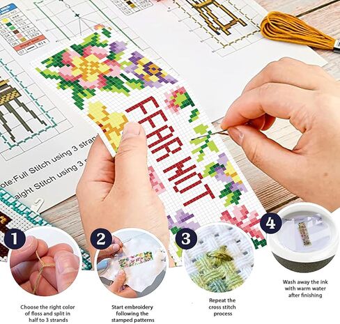 FREEBLOSS 6 Set Cross Stitch Bookmark Kits Flowers Pattern with Inspirational Words Stamped Cross Stitch Kit 11CT Embroidery Kit with Instructions for Beginners 20x6cm/8x2.4inch in Kuwait