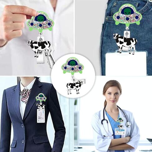 Cute UFO Cow Badge Reel, Funny Retractable Badge Reel Holder with Alligator Clip, ID Badge Holder for Nurses, Medical Assistant, Student, Office Staff in Saudi Arabia