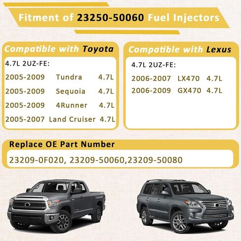 23250-50060 2UZ 4.7L حاقن الوقود، متوافق مع/تويوتا 4.7 تندرا سيكويا لاند كروزر 2005-2009، متوافق مع/لكزس LX470 GX470 2006-2007 |4 فتحات| |مجموعة من 8| in Kuwait