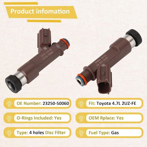 23250-50060 2UZ 4.7L حاقن الوقود، متوافق مع/تويوتا 4.7 تندرا سيكويا لاند كروزر 2005-2009، متوافق مع/لكزس LX470 GX470 2006-2007 |4 فتحات| |مجموعة من 8| in Kuwait