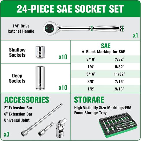 SK 1/4" Drive Socket Set with 160-P Ratchet, 24-Piece, SAE, SuperKrome Finish, Premium CR-V Construction, with EVA Foam Tool Organizer in Kuwait
