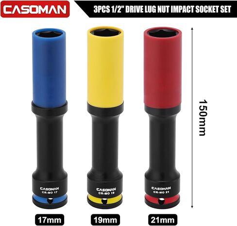 CASOMAN 3PCS 1/2" Drive Non-marring & Thin Wall Lug Nut Impact Socket Set, for Wheel Lug Nut Remover, Extra Deep 150mm, 6-Point, Metric, CR-MO, 17mm 19mm 21mm in Kuwait