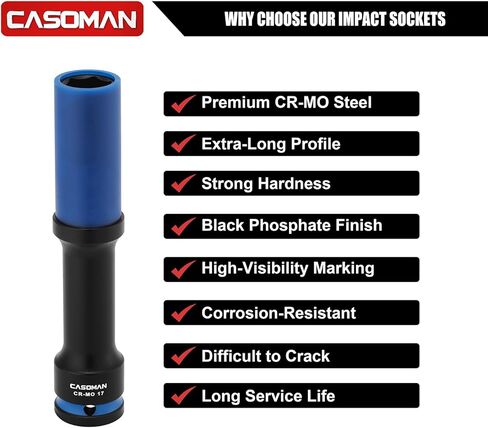 CASOMAN 3PCS 1/2" Drive Non-marring & Thin Wall Lug Nut Impact Socket Set, for Wheel Lug Nut Remover, Extra Deep 150mm, 6-Point, Metric, CR-MO, 17mm 19mm 21mm in Kuwait