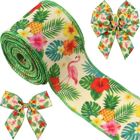 Tropical Wired Ribbon 2.5 Inch x 10 Yards, Flamingo Pineapple Hibiscus Monstera Burlap Craft Roll, Summer Floral Wide Edge for Wreaths, Bows, Hawaiian Luau Party, Gift Wrapping, DIY in Saudi Arabia