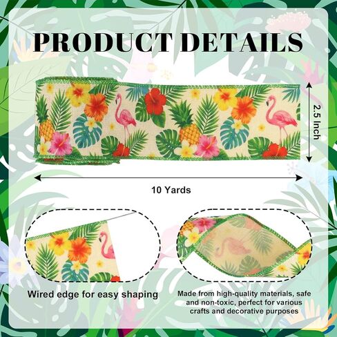 Tropical Wired Ribbon 2.5 Inch x 10 Yards, Flamingo Pineapple Hibiscus Monstera Burlap Craft Roll, Summer Floral Wide Edge for Wreaths, Bows, Hawaiian Luau Party, Gift Wrapping, DIY in Saudi Arabia