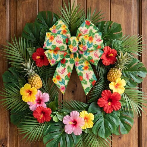 Tropical Wired Ribbon 2.5 Inch x 10 Yards, Flamingo Pineapple Hibiscus Monstera Burlap Craft Roll, Summer Floral Wide Edge for Wreaths, Bows, Hawaiian Luau Party, Gift Wrapping, DIY in Saudi Arabia