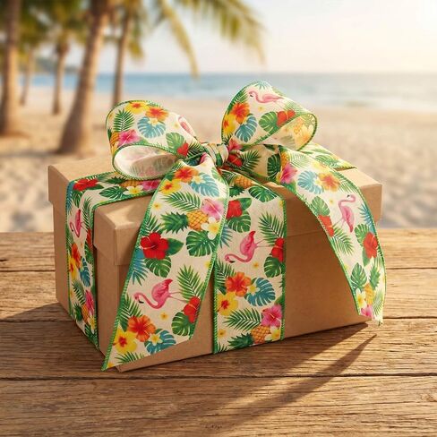 Tropical Wired Ribbon 2.5 Inch x 10 Yards, Flamingo Pineapple Hibiscus Monstera Burlap Craft Roll, Summer Floral Wide Edge for Wreaths, Bows, Hawaiian Luau Party, Gift Wrapping, DIY in Saudi Arabia