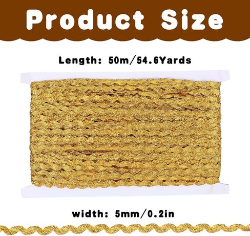 54.6Yds Gold Trim for Sewing 0.2" Gold Lace Trim Rick Rack Wave Bending Fringe Trims Golds Wavy Bendings Ribbon Lace Fringes Zig Zag Trims for Gift Wrapping Sewing Clothes Home Party Decoration in Kuwait