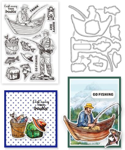 GLOBLELAND Go Fishing واضح طوابع رجل الأسماك إطار مصباح قطع يموت مجموعة سيليكون شفاف ختم معدني قطع يموت لصنع بطاقة و DIY النقش سكرابوكينغ الحرفية ديكور in Kuwait