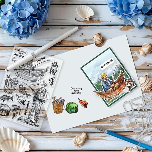 GLOBLELAND Go Fishing واضح طوابع رجل الأسماك إطار مصباح قطع يموت مجموعة سيليكون شفاف ختم معدني قطع يموت لصنع بطاقة و DIY النقش سكرابوكينغ الحرفية ديكور in Kuwait