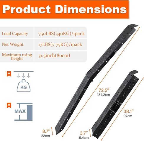 72.5" Heavy Duty Folding Loading Ramps with Sandblasted Finish, 1500lb Capacity, Ideal for Motorcycles, Lawn Mowers, ATVs, UTVs, and More – Pack of 2 with Safety Straps and Gloves in Saudi Arabia