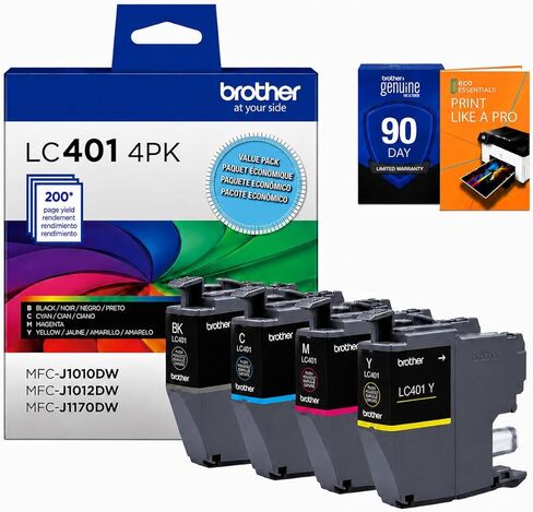 خرطوشة حبر أصلية من Brother LC401 مكونة من 4 عبوات (أسود وسماوي وأرجواني وأصفر) مع كتاب إلكتروني لطابعة Deco Essentials لـ MFC-J1010DW وMFC-J1170DW in Kuwait