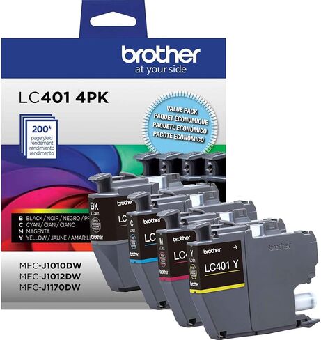 خرطوشة حبر أصلية من Brother LC401 مكونة من 4 عبوات (أسود وسماوي وأرجواني وأصفر) مع كتاب إلكتروني لطابعة Deco Essentials لـ MFC-J1010DW وMFC-J1170DW in Kuwait