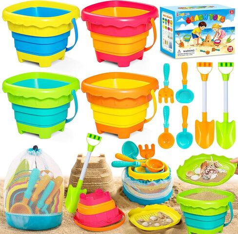 Letapapa Beach Sand Toys for Kids, Travel Sand Toys with 4 Collapsible Beach Buckets, Sifter Shovels Set & Mesh Bag, Beach Outdoor Sandbox Toys for Toddler Boys Girls 3 4 5 6 7 8 9 10 Year Old in Kuwait