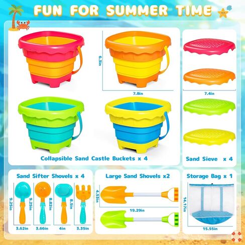 Letapapa Beach Sand Toys for Kids, Travel Sand Toys with 4 Collapsible Beach Buckets, Sifter Shovels Set & Mesh Bag, Beach Outdoor Sandbox Toys for Toddler Boys Girls 3 4 5 6 7 8 9 10 Year Old in Kuwait