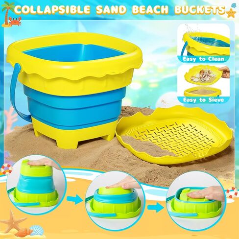 Letapapa Beach Sand Toys for Kids, Travel Sand Toys with 4 Collapsible Beach Buckets, Sifter Shovels Set & Mesh Bag, Beach Outdoor Sandbox Toys for Toddler Boys Girls 3 4 5 6 7 8 9 10 Year Old in Kuwait