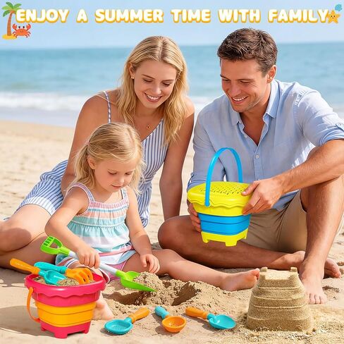 Letapapa Beach Sand Toys for Kids, Travel Sand Toys with 4 Collapsible Beach Buckets, Sifter Shovels Set & Mesh Bag, Beach Outdoor Sandbox Toys for Toddler Boys Girls 3 4 5 6 7 8 9 10 Year Old in Kuwait